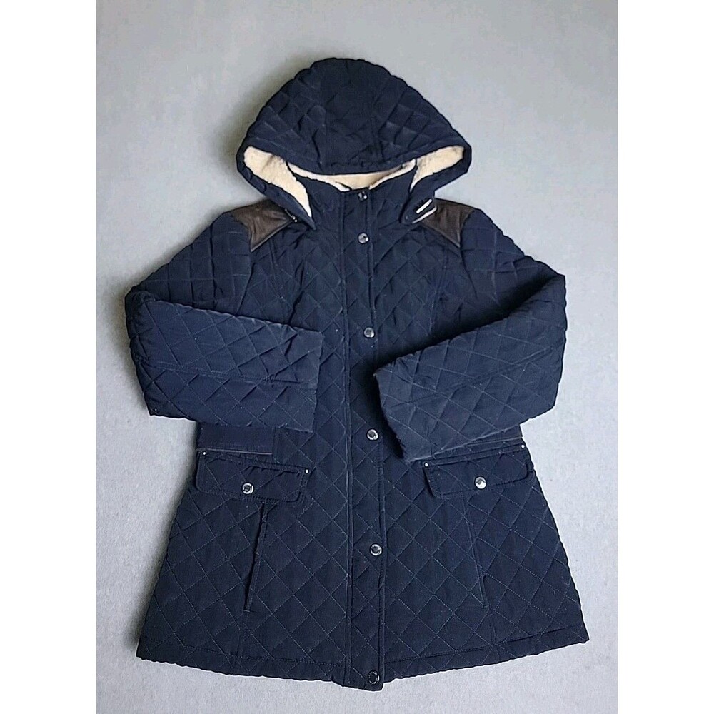 Laundry Shelli Segal Quilted Jacket Womens PL Navy Blue Sherpa Fleece Lined Hood